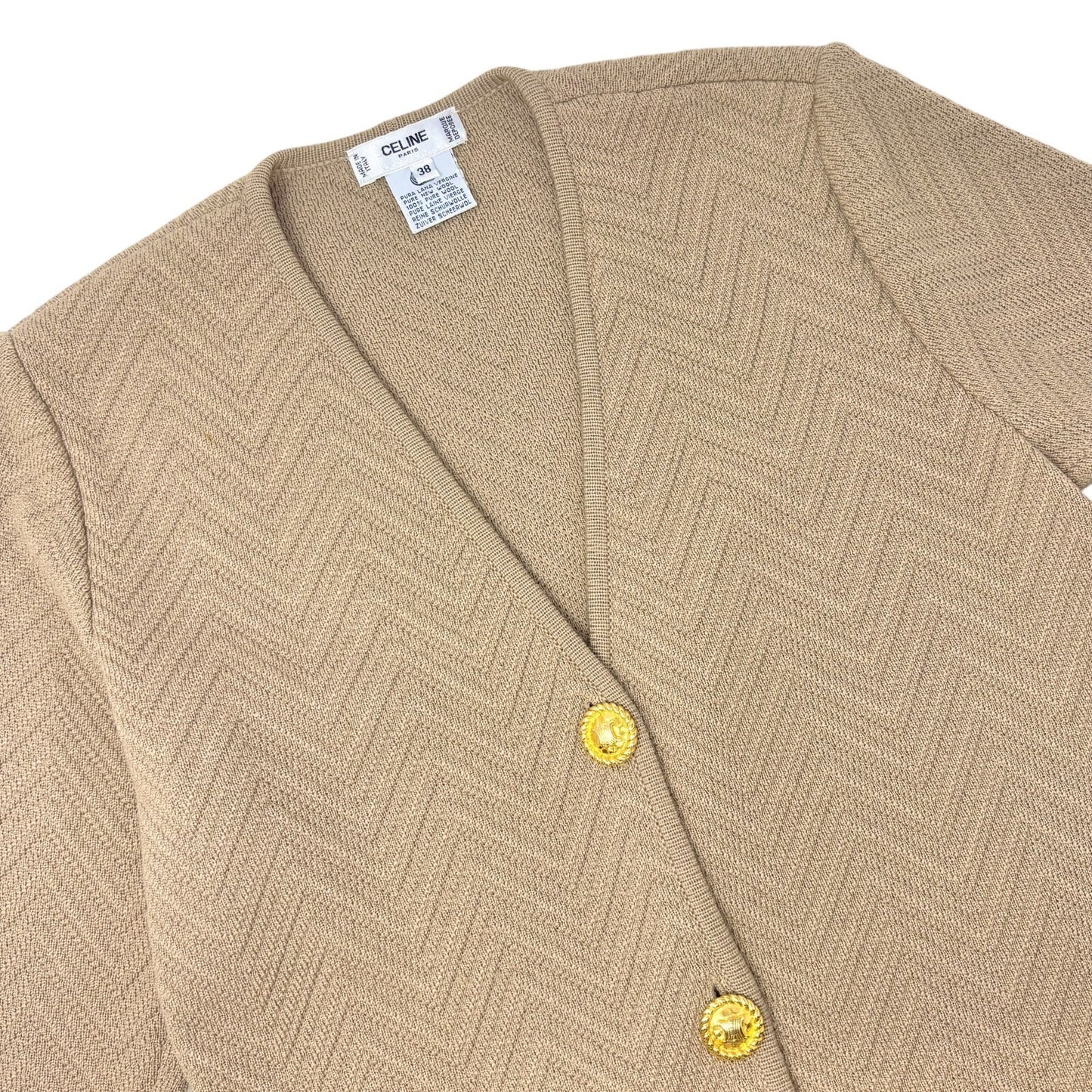 CELINE Vintage Macadam Logo Rib Knit Cardigan #38 Button Light Brown Gold Wool