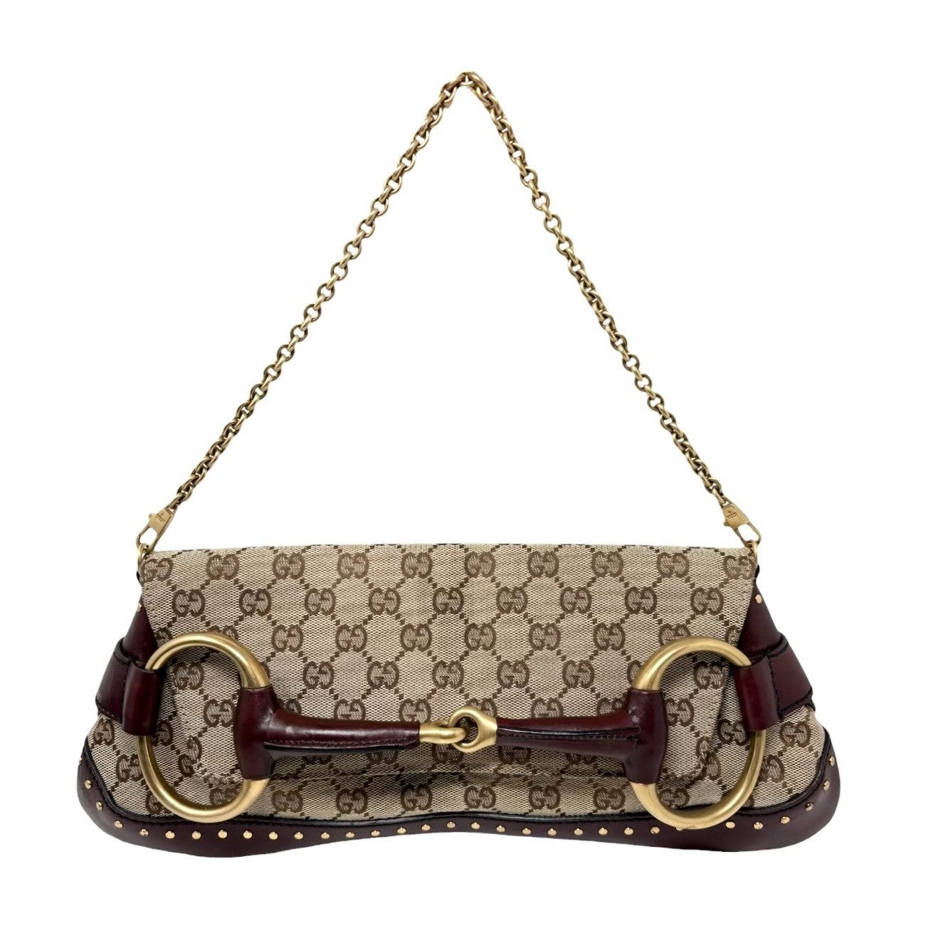 GUCCI Vintage Horsebit GG Monogram Chain Shoulder Bag Studs Beige 901830