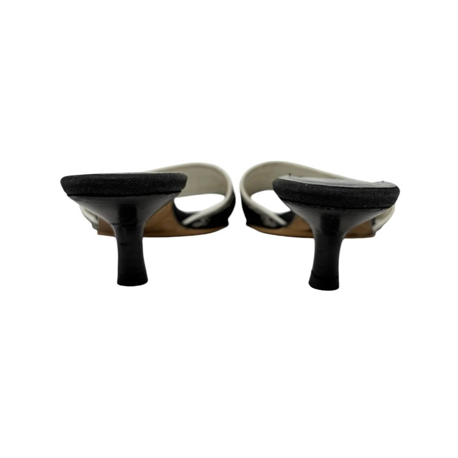 CHANEL Vintage CC Embroidery Logo Sandals Heels #36.5 Black White Canvas 902255