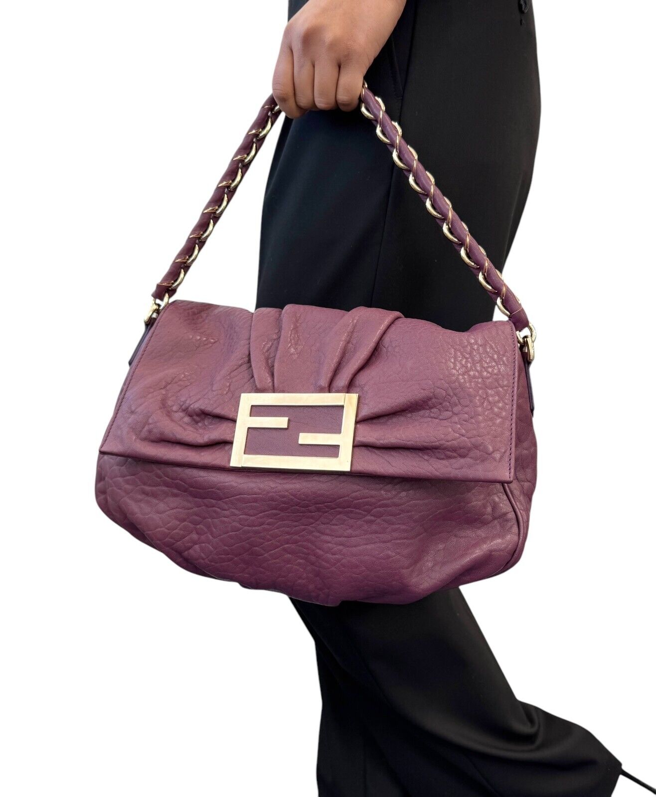 FENDI Vintage FF Logo Mia Shoulder Bag Crossbody 2way Purple Gold Leather