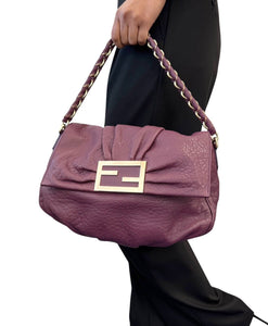 FENDI Vintage FF Logo Mia Shoulder Bag Crossbody 2way Purple Gold Leather