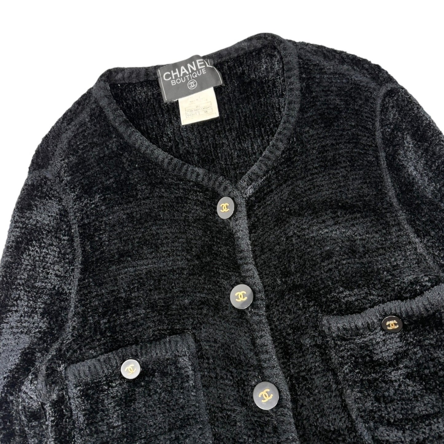 CHANEL Vintage 95A CC Logo Button Cardigan Sweater Top #38 Black Gold Velour