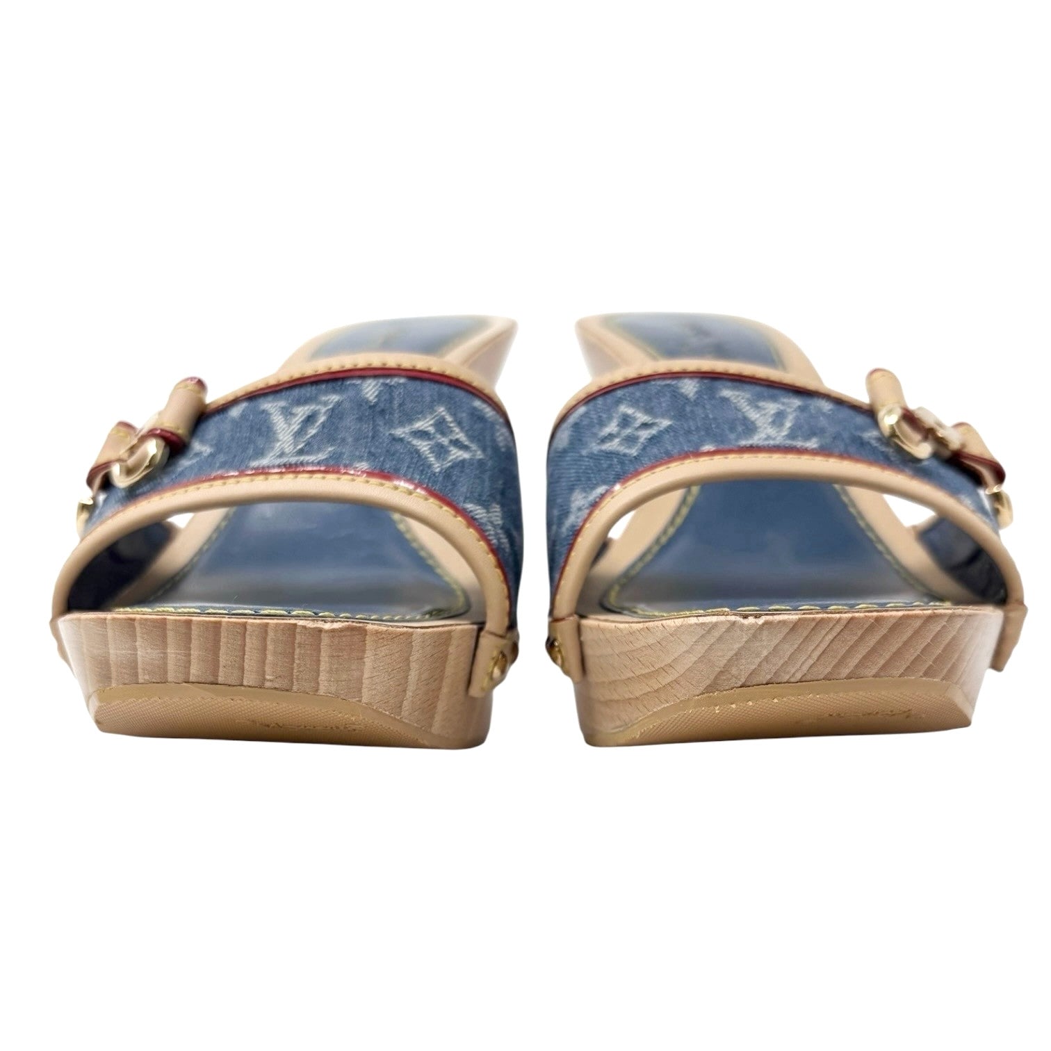 LOUIS VUITTON Vintage Monogram Denim Heels Sandals #36 Blue Beige Ribon