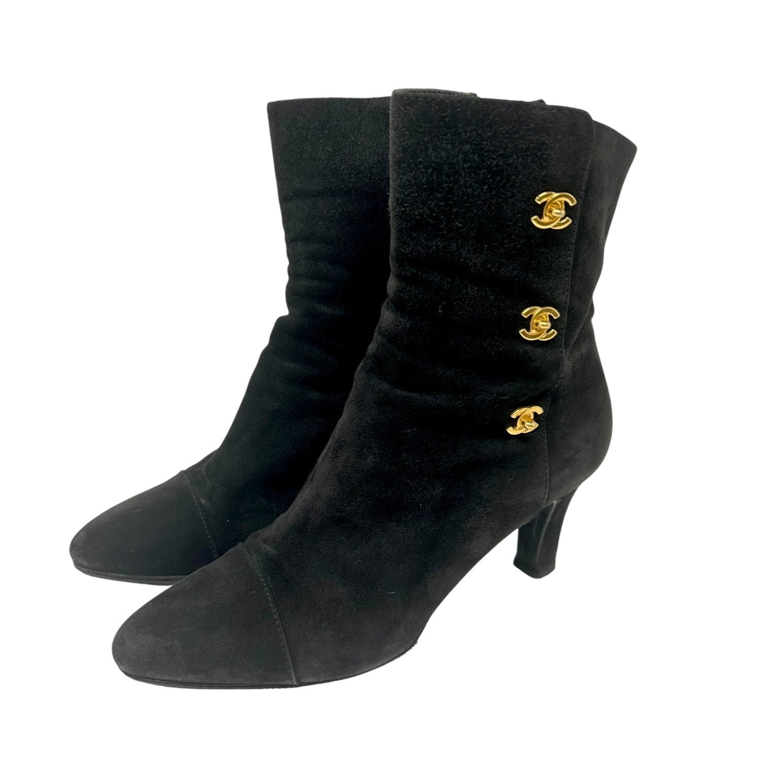 CHANEL Vintage CC Logo Turnlock Ankle Boots Heels #36.5 Black Suede Leather