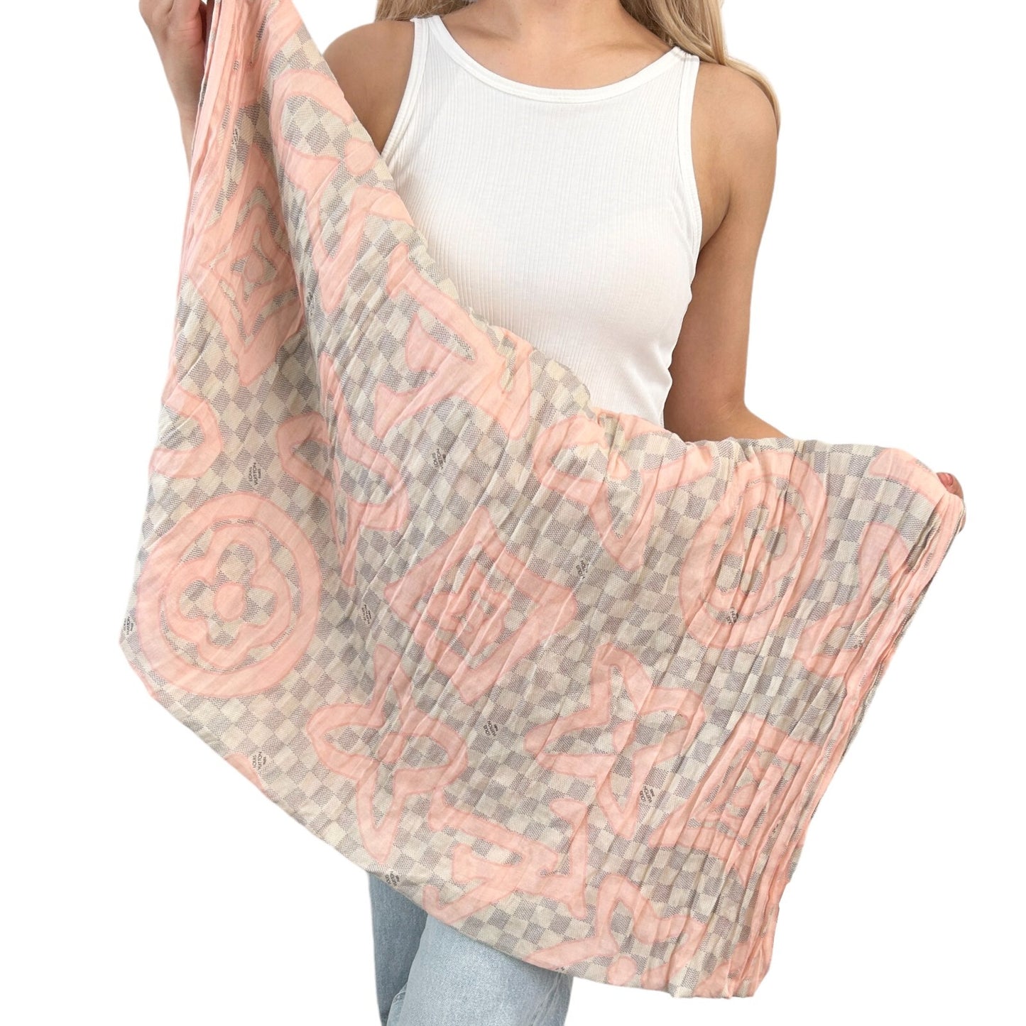 LOUIS VUITTON Vintage Damier Azur Tahitienne Scarves Wrap Pink Gray Cotton
