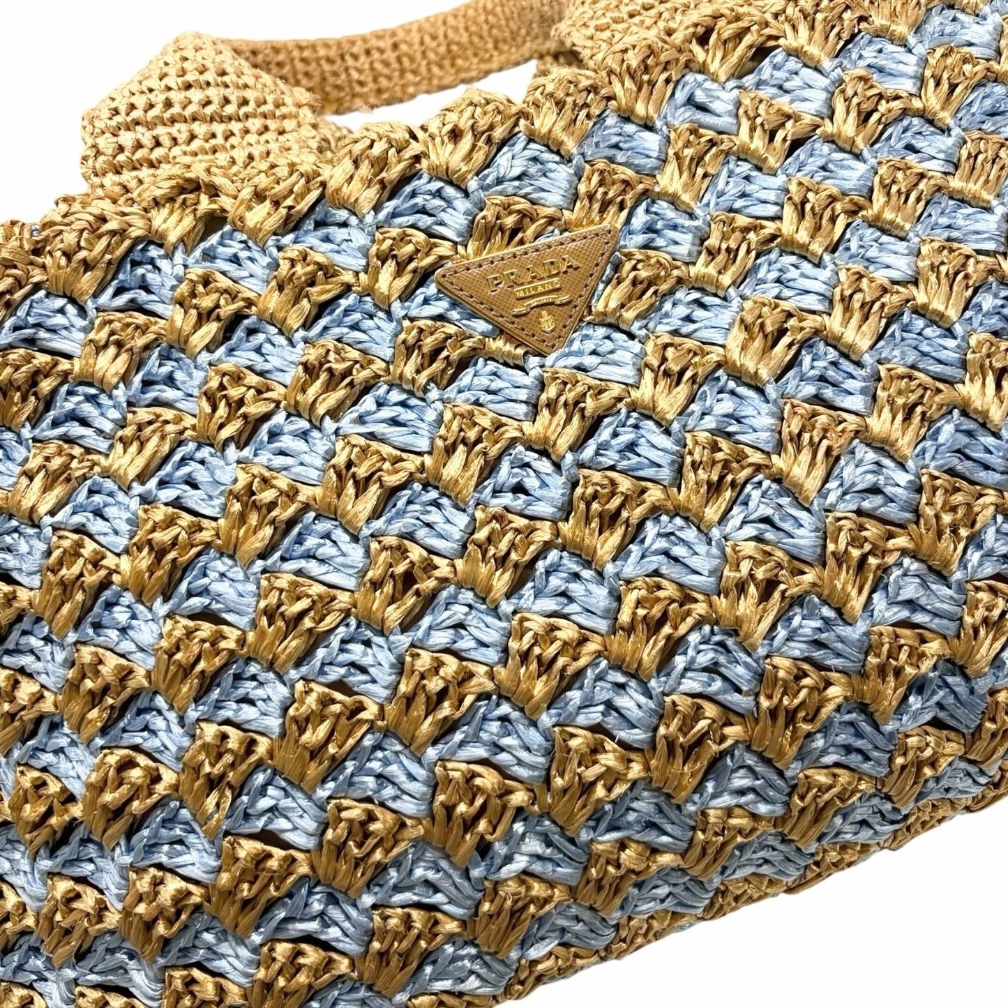 PRADA Vintage Triangle Logo Raffia Canapa Tote Bag Beige Blue Crochet 902055