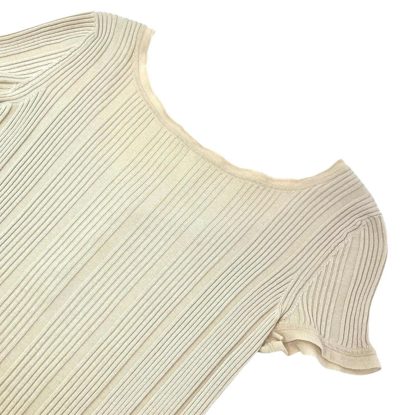 CHANEL Vintage 07P CC Logo Button Rib Knit Top #42 Cotton Beige Gold 106913