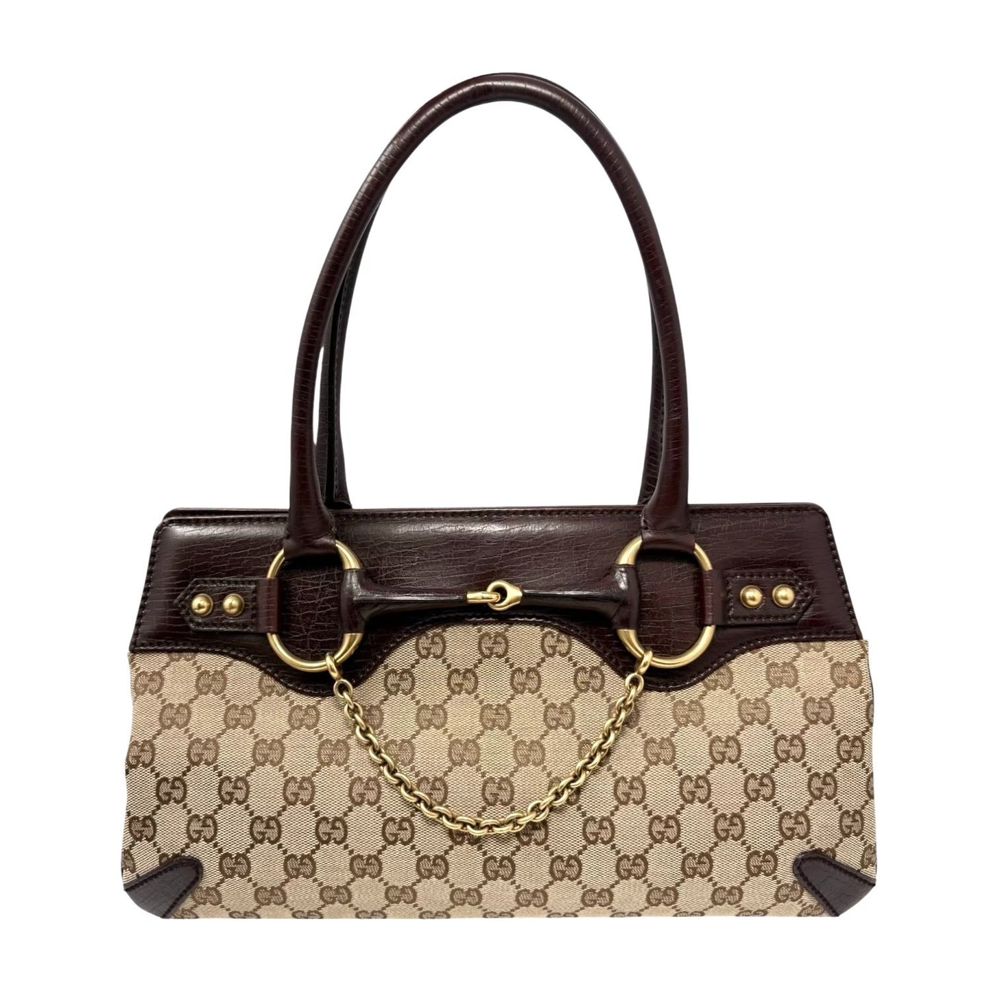 GUCCI Vintage GG Monogram Horsebit Chain Tote Bag Beige Brown Canvas 901926