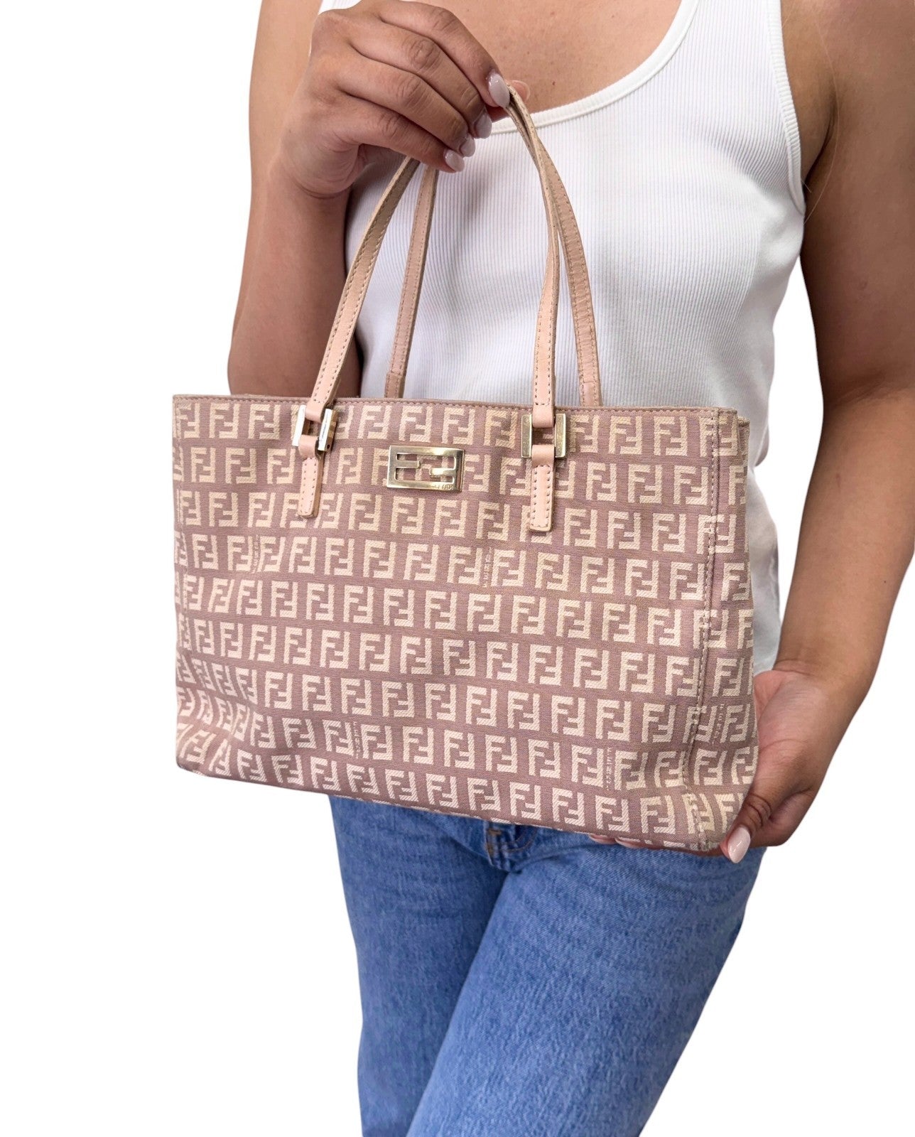 FENDI Vintage FF Logo Zucchino Monogram Tote Hand Bag Pink Beige 902445