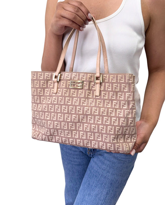 FENDI Vintage FF Logo Zucchino Monogram Tote Hand Bag Pink Beige 902445