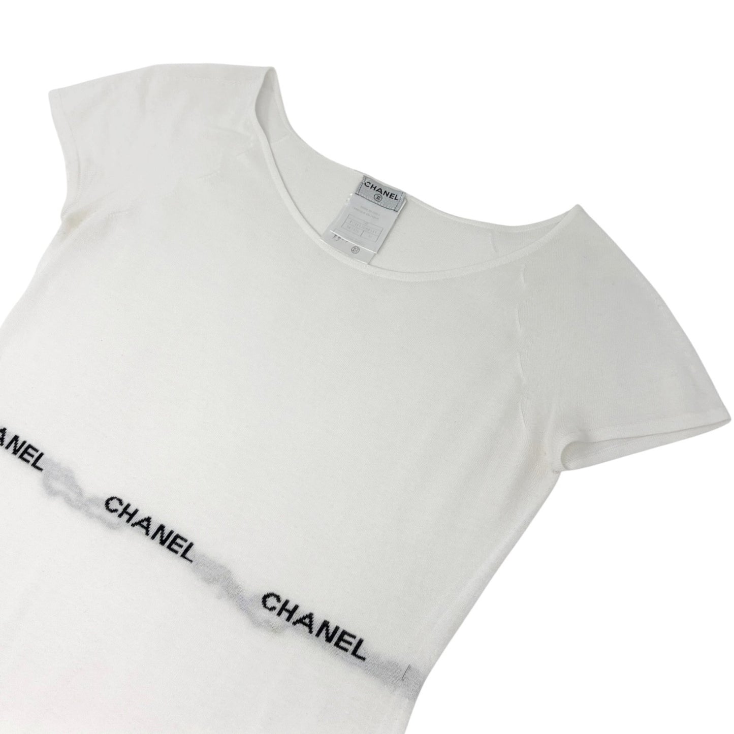 CHANEL Vintage 04P CC T-Shirt Top #38 Short Sleeve White Black Cotton 902579