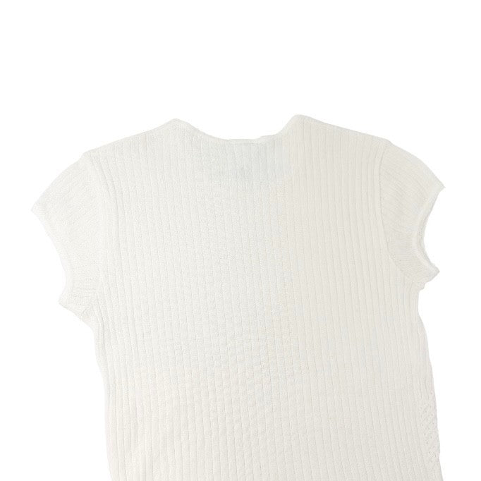 CHANEL Vintage 04P CC Mark Logo Knit T-shirt Top Rib Short Sleeve White Cotton