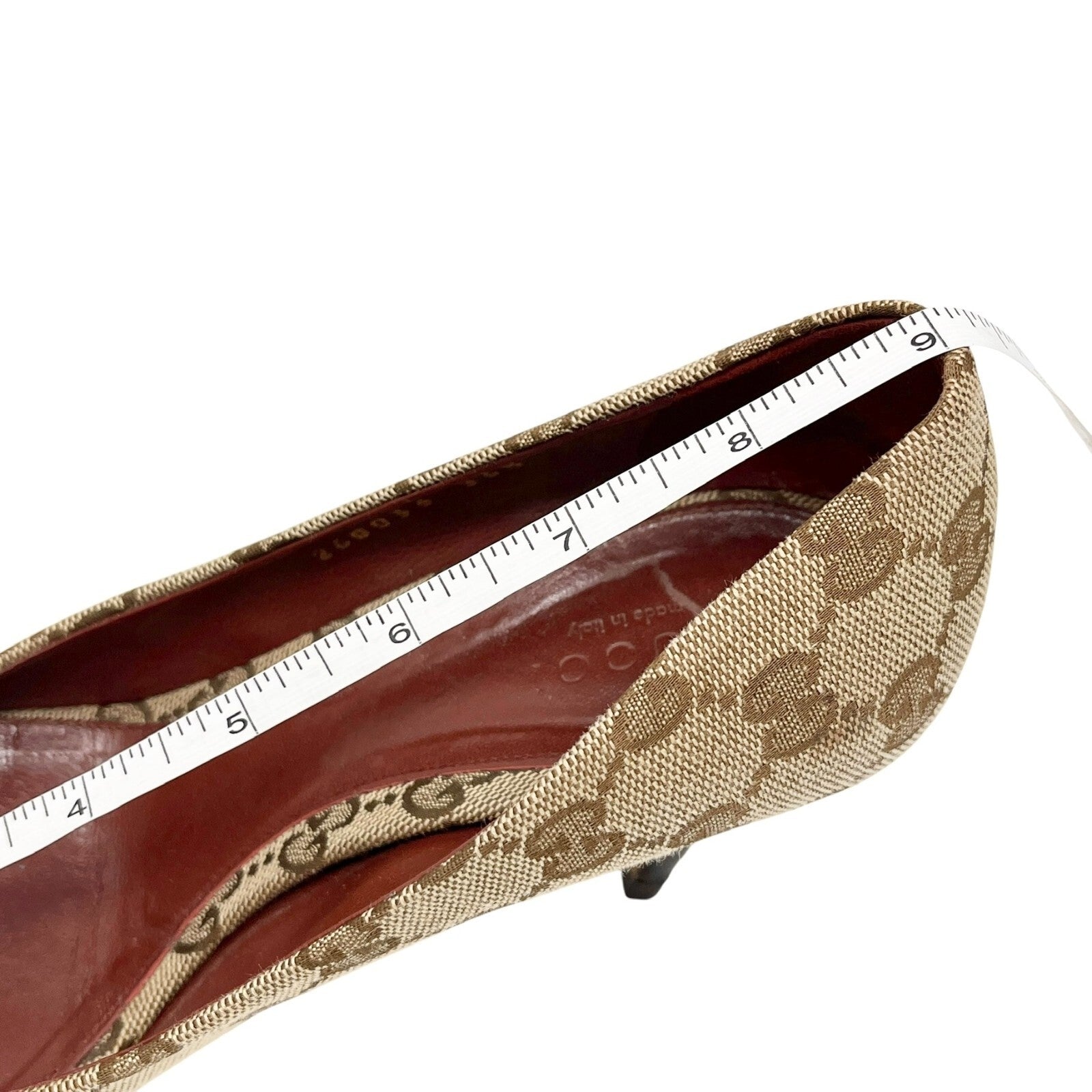 GUCCI Vintage GG Monogram Logo Sandals Heels #36.5 Beige Red Canvas Leather