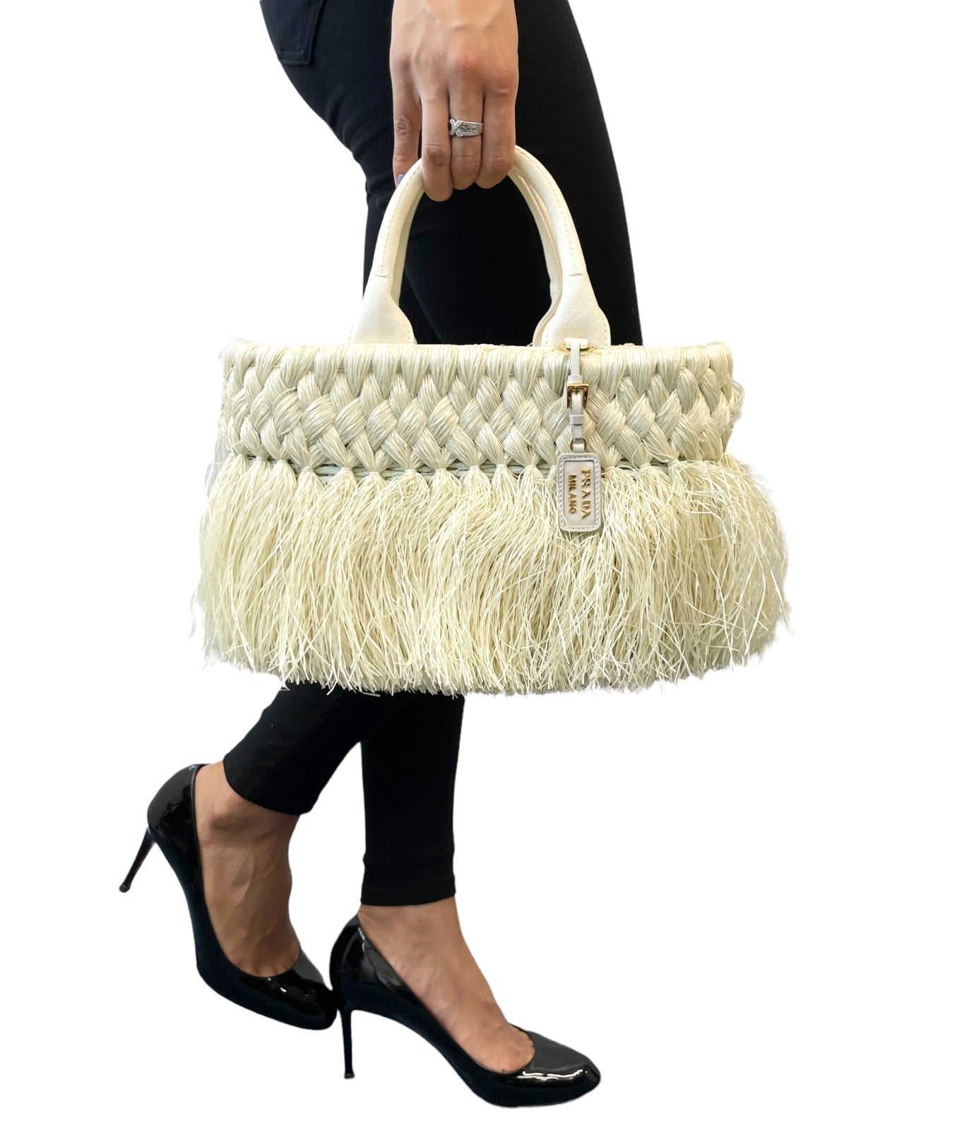 PRADA Vintage Fringe Raffia Straw Tote Crossbody Bag 2way Cream Gold 902091