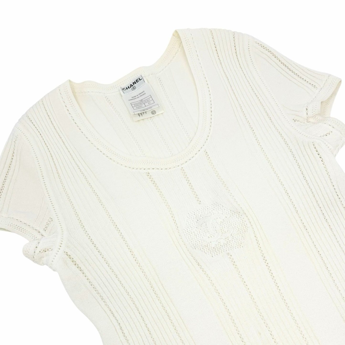 CHANEL Vintage 03P CC Logo Stripe Knit Rib T-shirt Top #42 White Cotton 902038