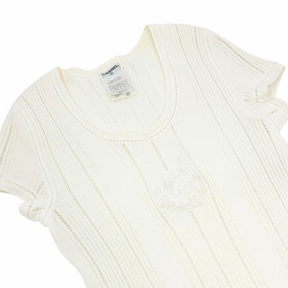 CHANEL Vintage 03P CC Logo Stripe Knit Rib T-shirt Top #42 White Cotton 902038