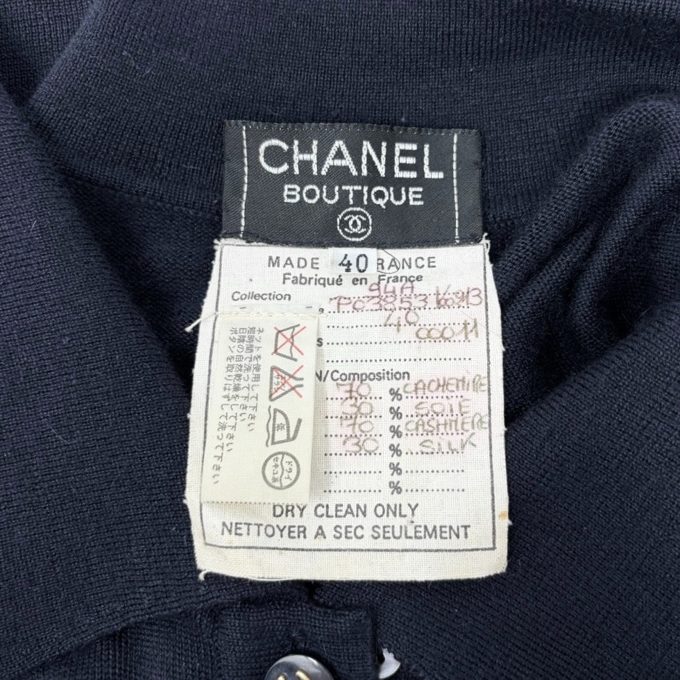 CHANEL Vintage 94A CC Button Cashmere Long Cardigan #40 Dark Blue Gold 902012