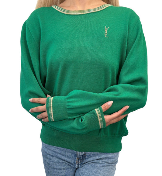 Yves Saint Laurent Vintage YSL Logo Knit Sweater Top #L Pullover Green Gold