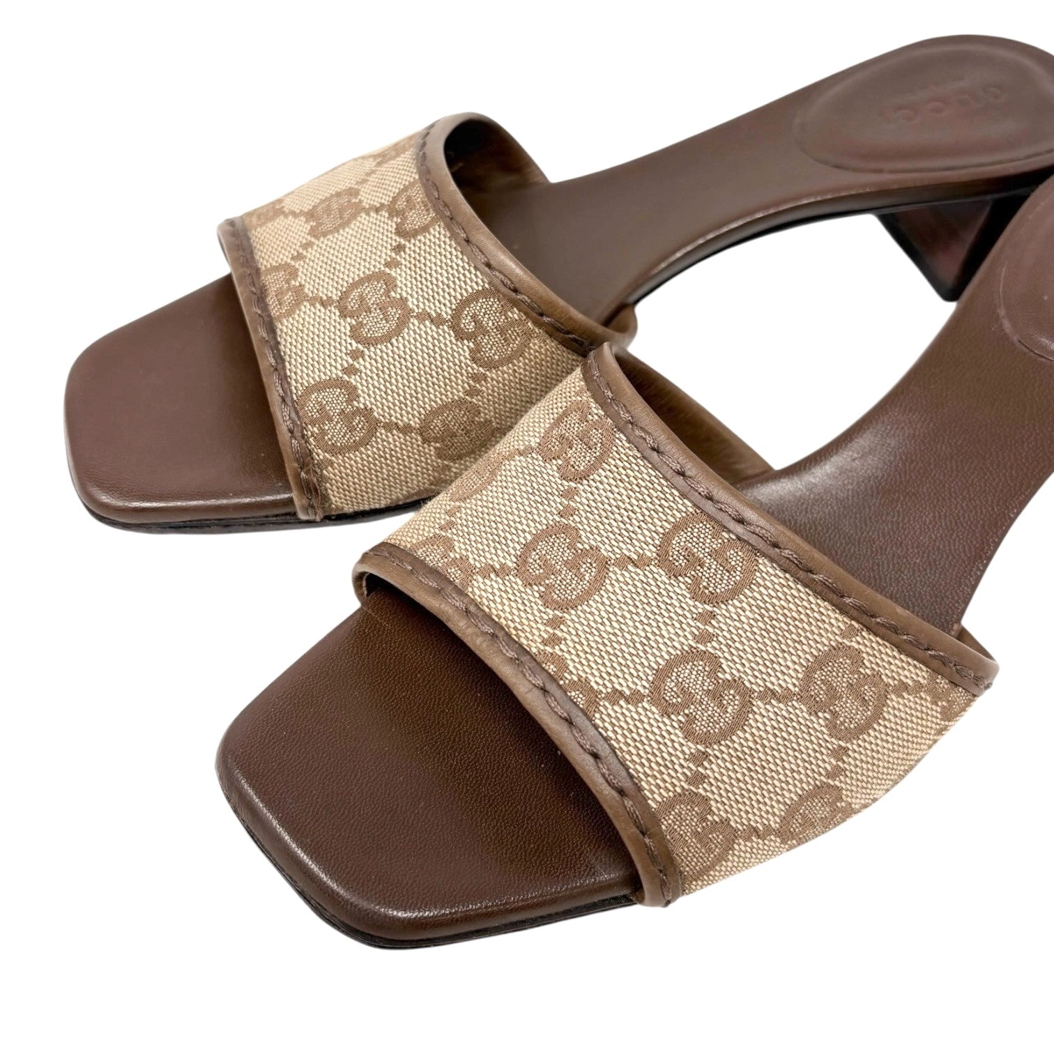 GUCCI Vintage GG Logo Monogram Sandals Block Heels #36.5 Brown Canvas Leather