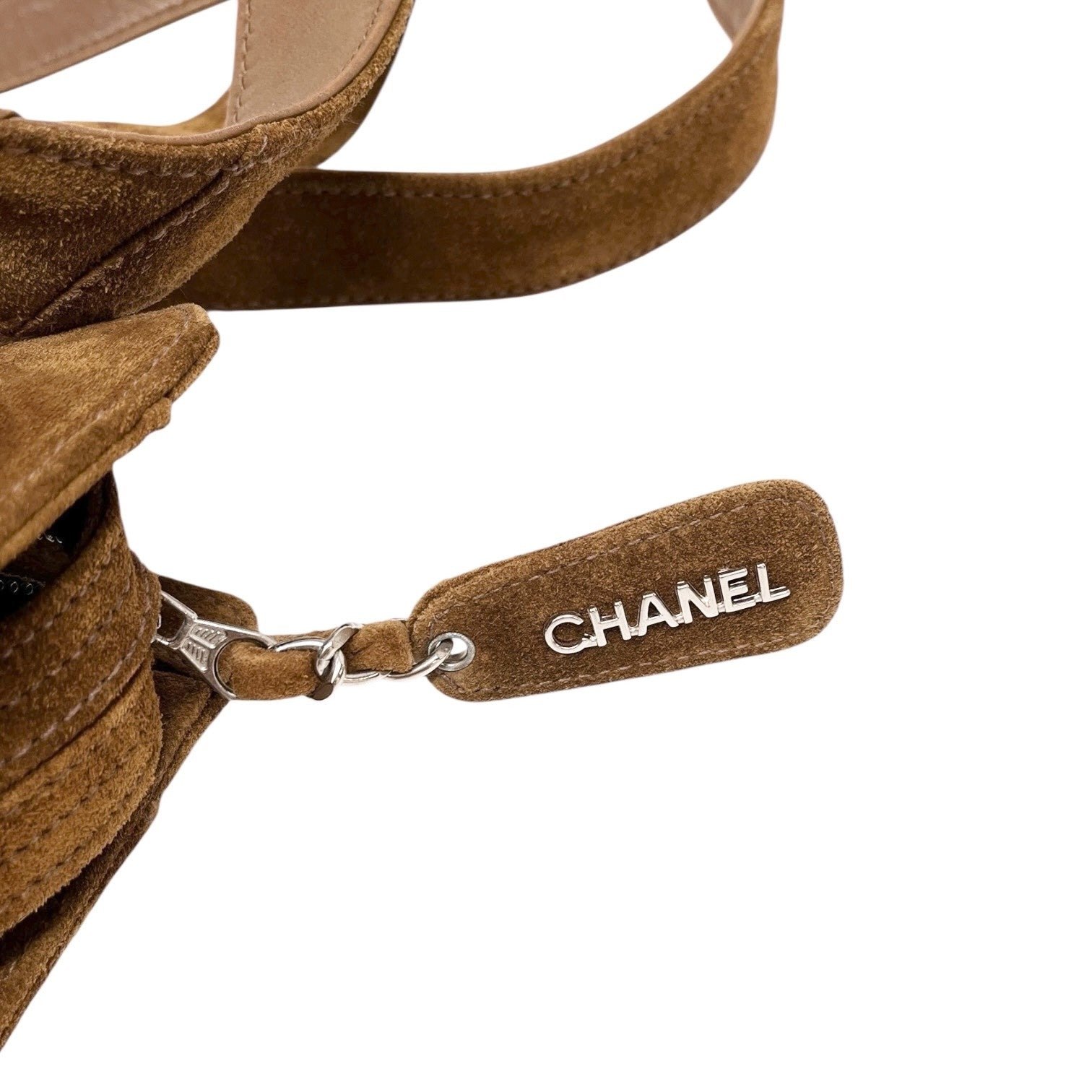 CHANEL Vintage CC Mark Logo Turnlock Tote Shoulder Bag Brown Silver Suede