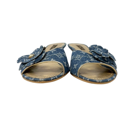 LOUIS VUITTON Vintage LV Monogram Denim Flower Heels Sandals #37 Blue Gold