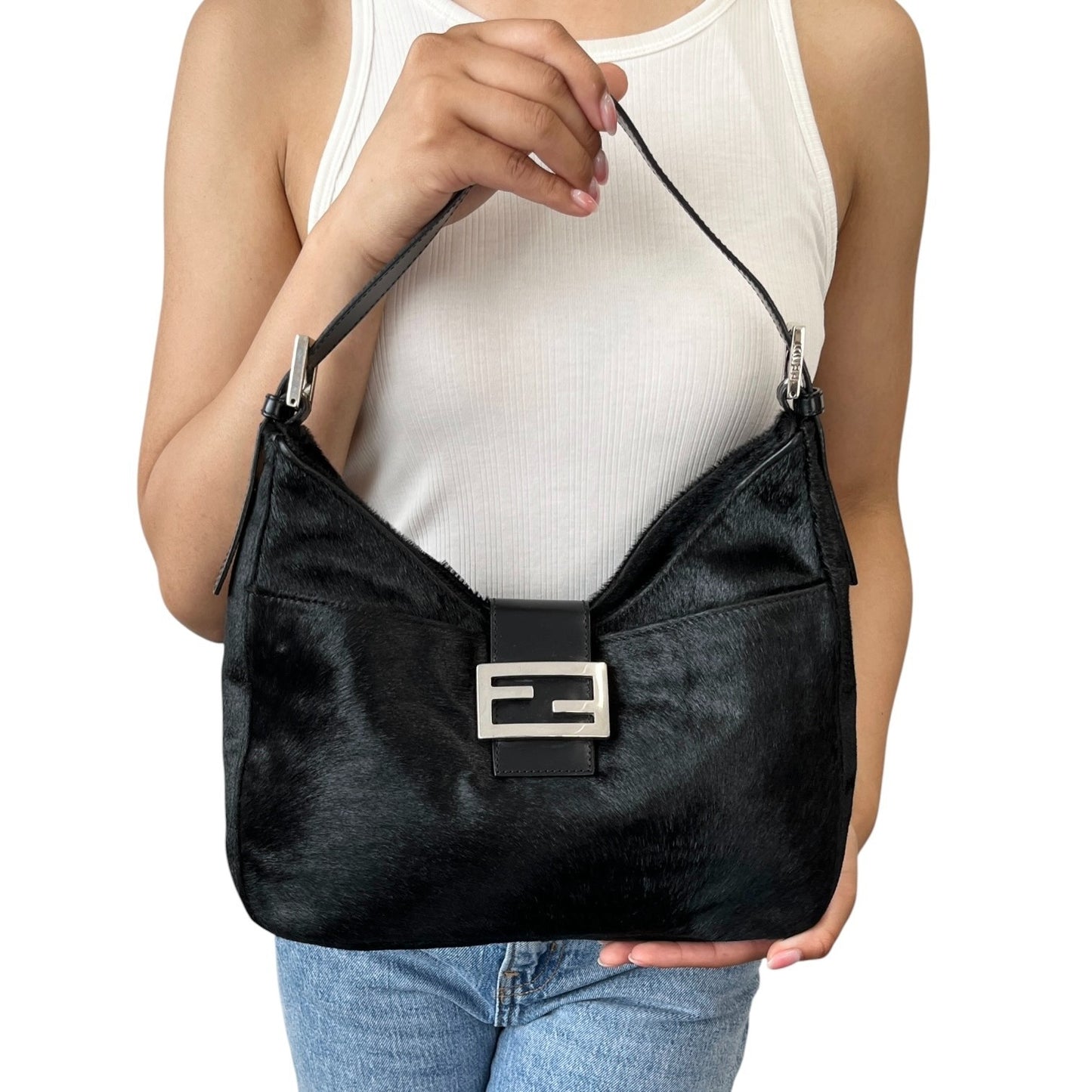 FENDI Vintage FF Logo Pony Calf Hair Hobo Shoulder Bag Black Silver 902040