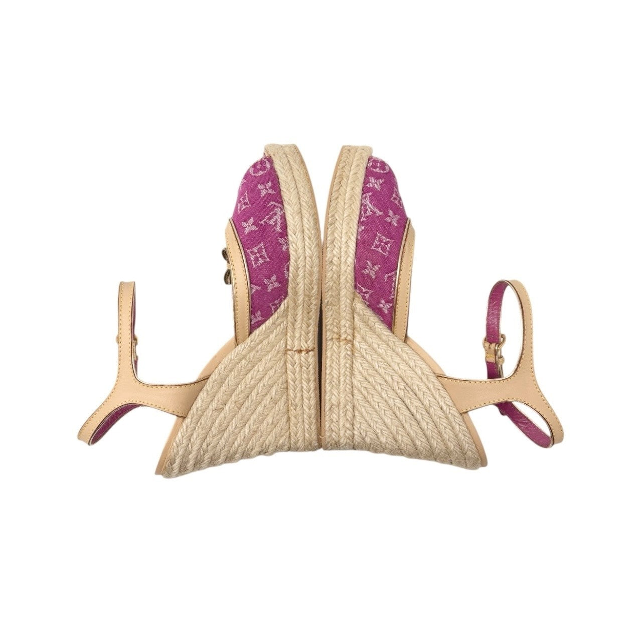 LOUIS VUITTON Vintage LV Logo Monogram Sandals #37.5 Pink Beige Canvas