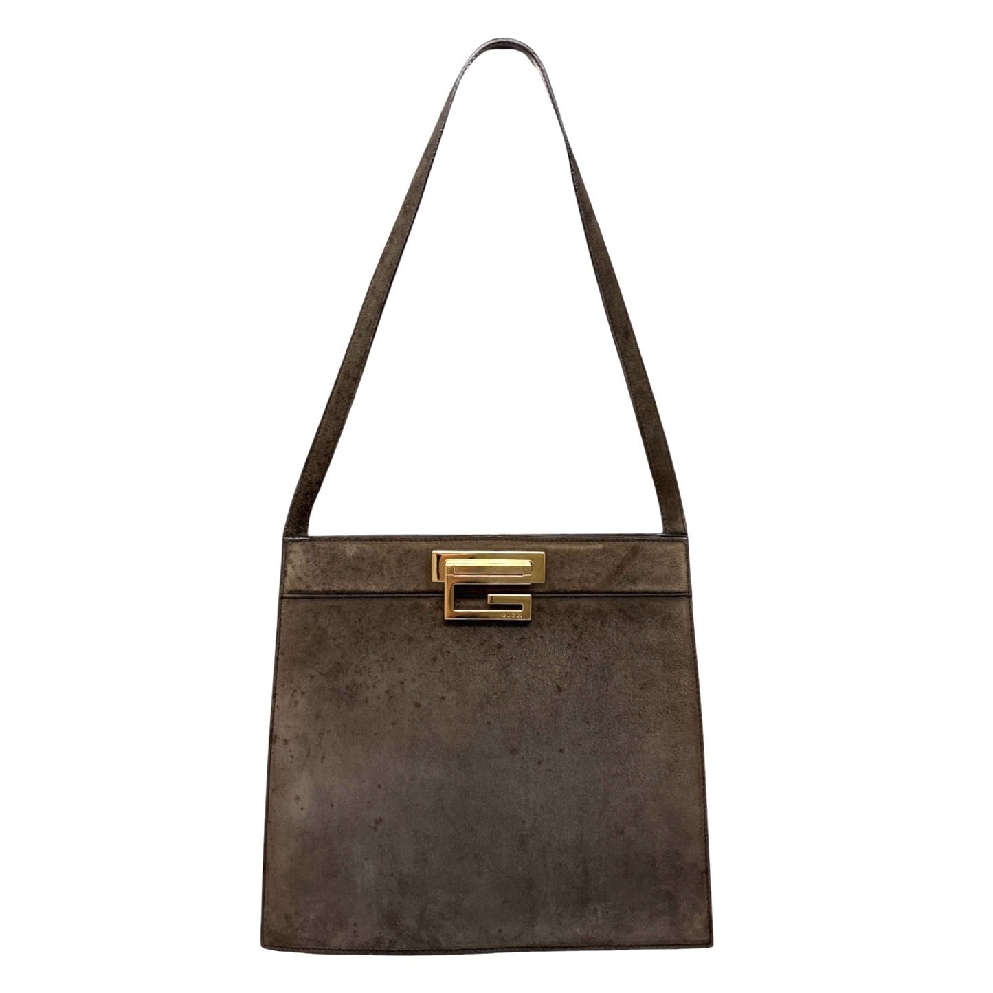 GUCCI Vintage G Square Logo Shoulder Bag Brown Gold Suede Leather 902021
