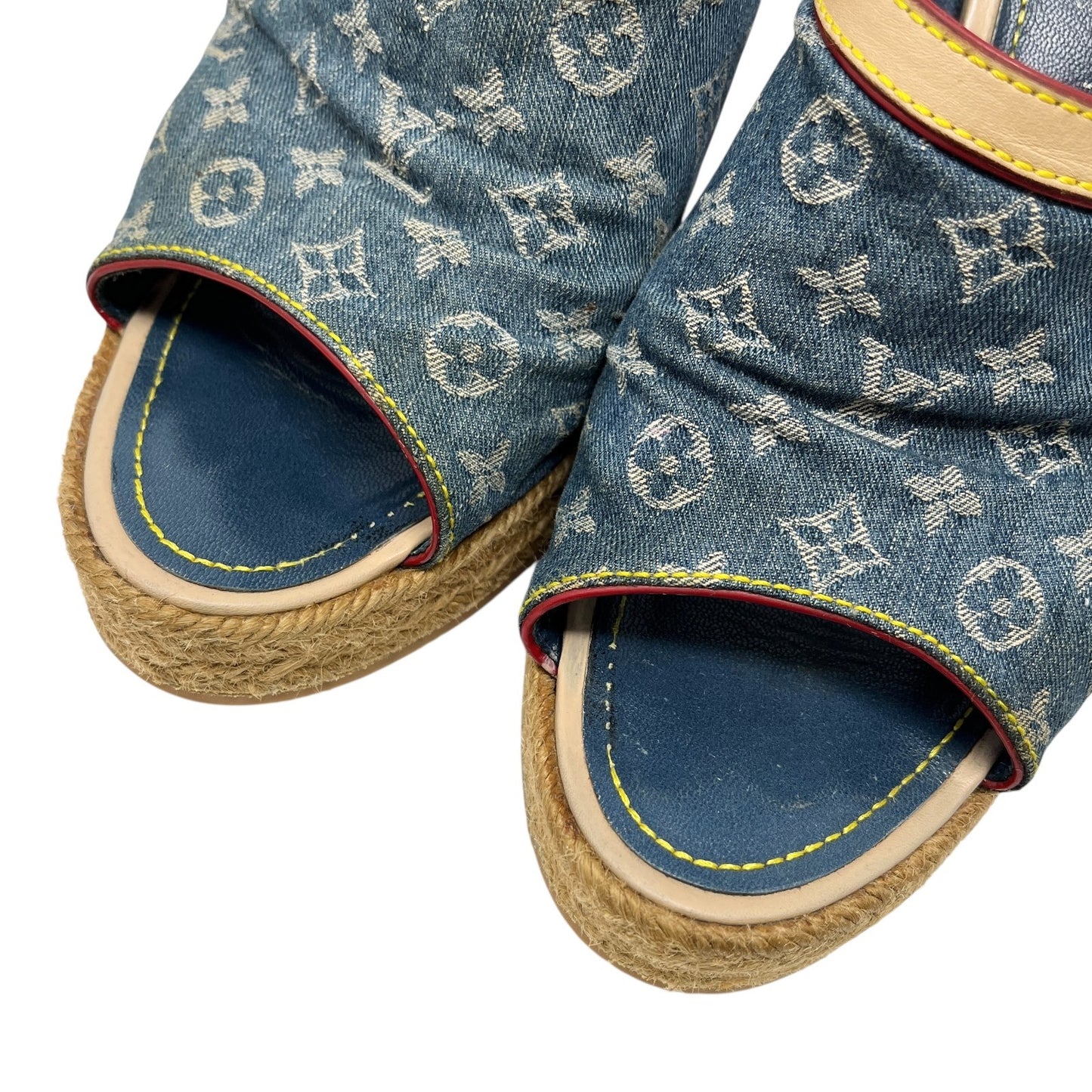 LOUIS VUITTON Vintage Monogram Denim Wedge Sole Sandals #38 Ribbon Blue Beige