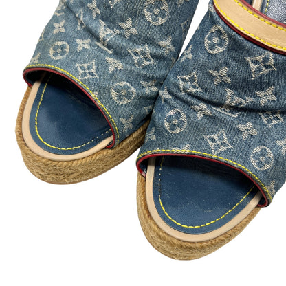 LOUIS VUITTON Vintage Monogram Denim Wedge Sole Sandals #38 Ribbon Blue Beige