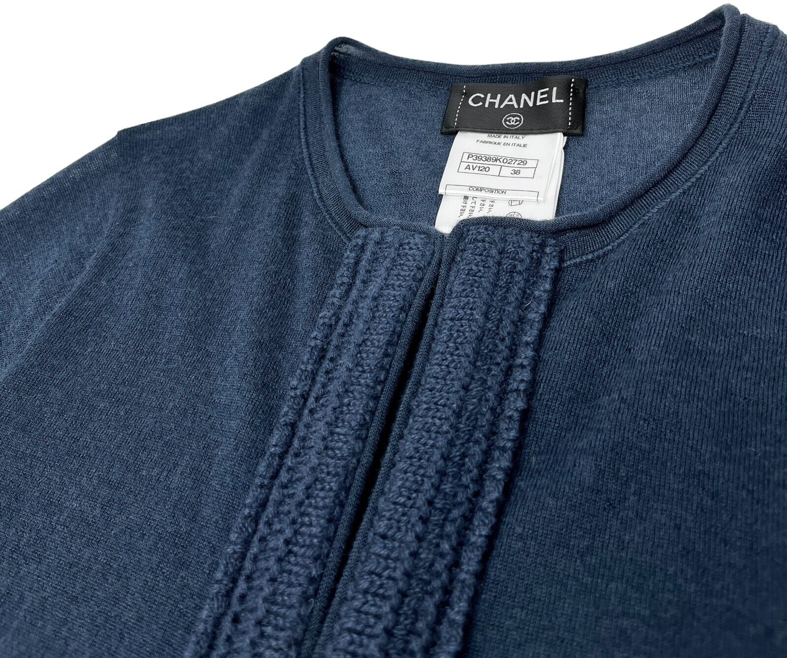 CHANEL Vintage P39389 CC Logo Cardigan #38 Knit Cashmere Navy Rank AB