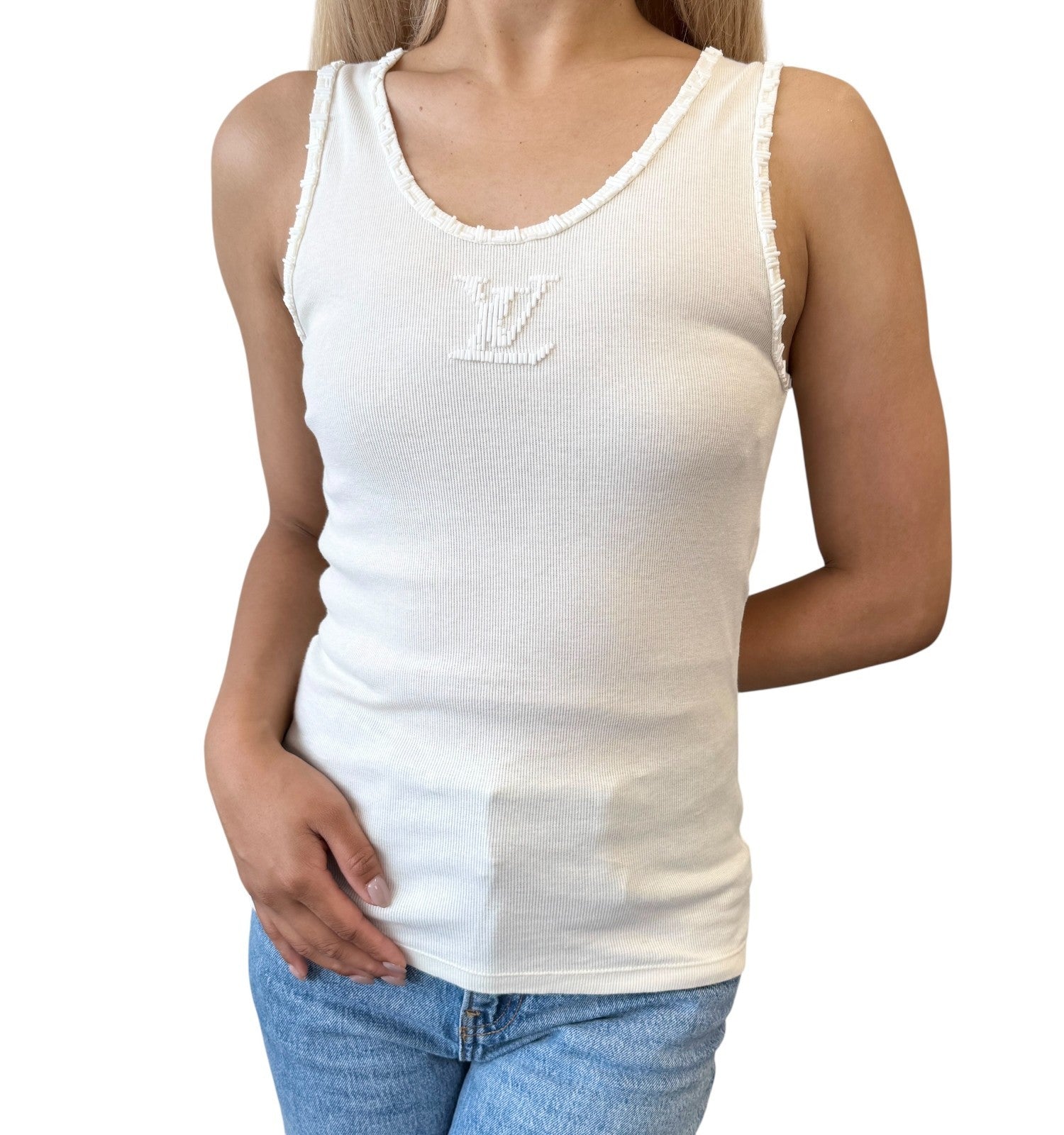 LOUIS VUITTON Vintage LV Logo Tank Top #M Beads Cream White Cotton Elastane