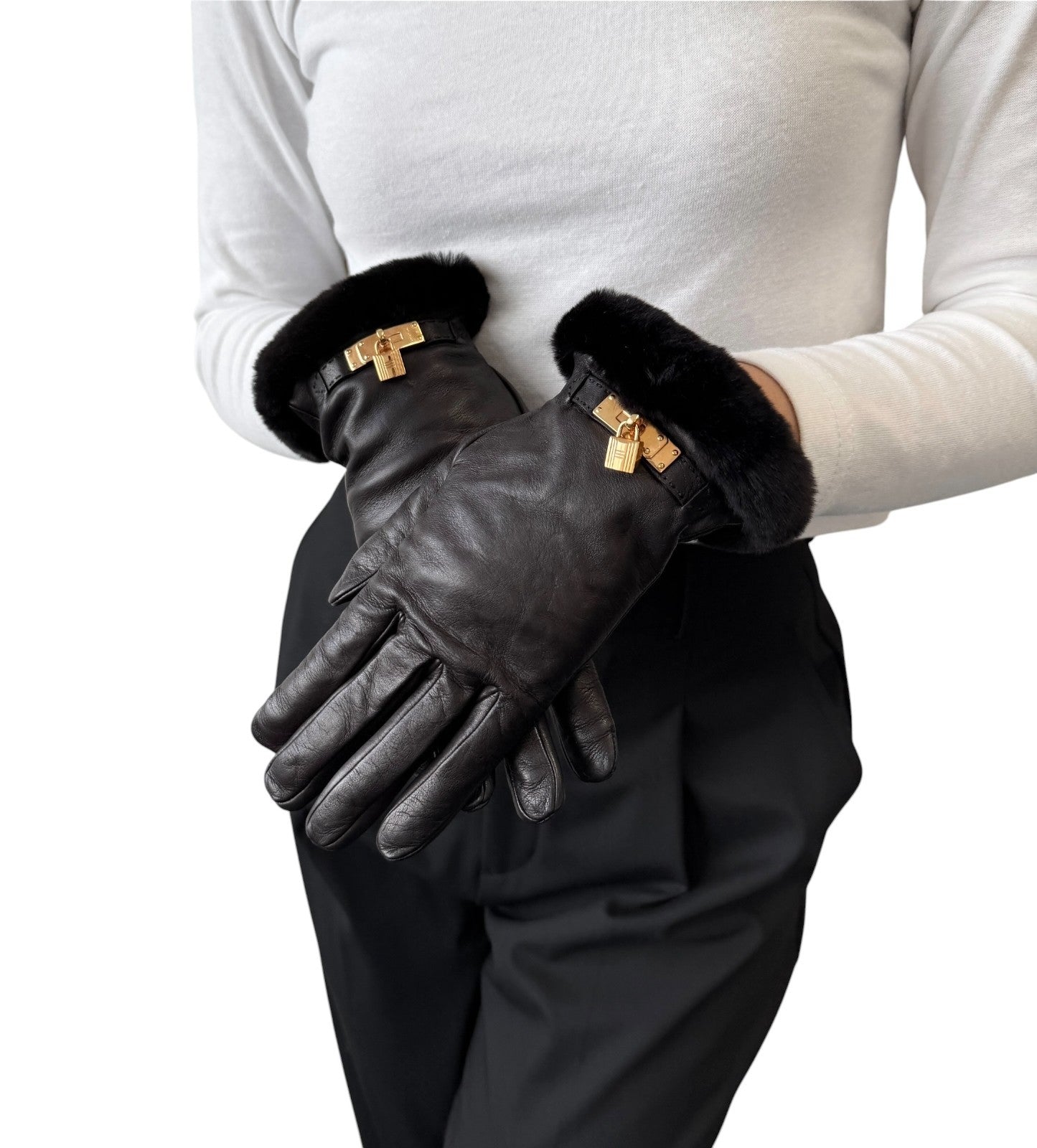 HERMES Vintage Kelly Padlock Cadena Fur Trim Leather Gloves #7.5 Black 902001