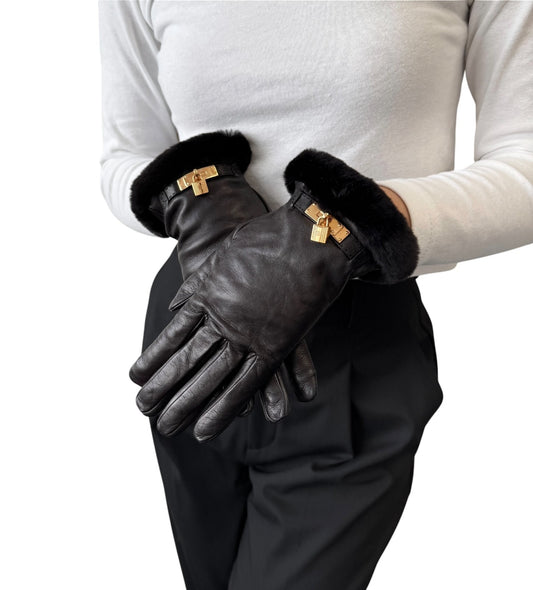 HERMES Vintage Kelly Padlock Cadena Fur Trim Leather Gloves #7.5 Black 902001