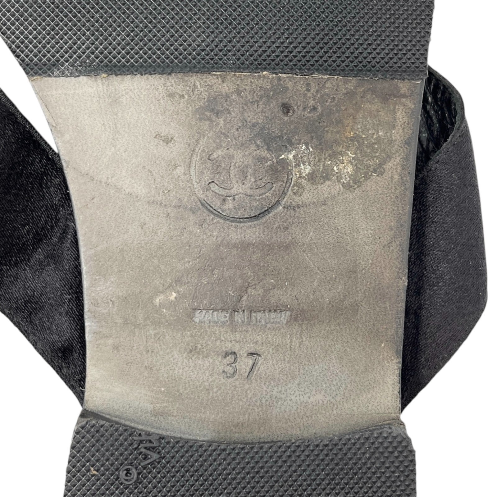 CHANEL Vintage CC Mark Logo Flip-Flops Sandals #37 Flat Black Leather Satin