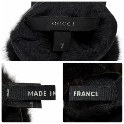 GUCCI Vintage Horsebit Fur Trim Lambskin Leather Gloves #7 Black Silver 902097