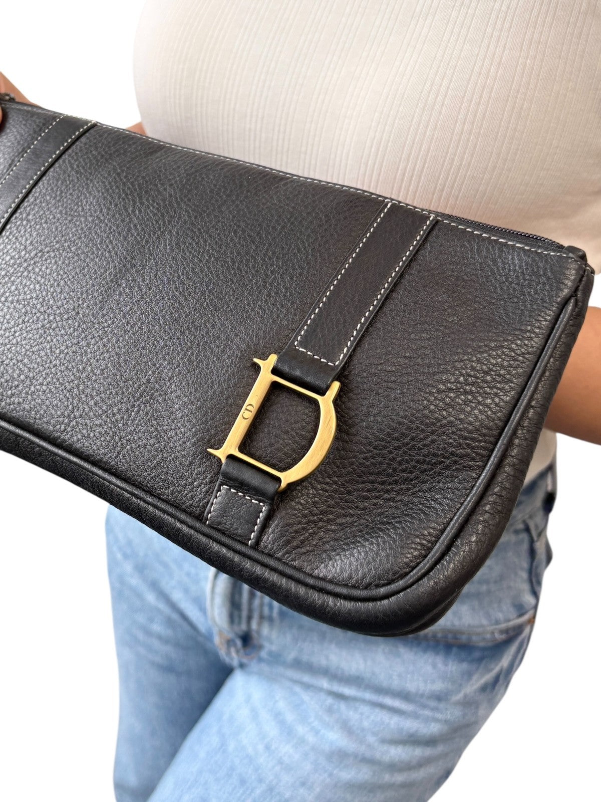 Christian Dior Vintage 2001 CD Logo Leather Bag Pochette Pouch Clutch Black