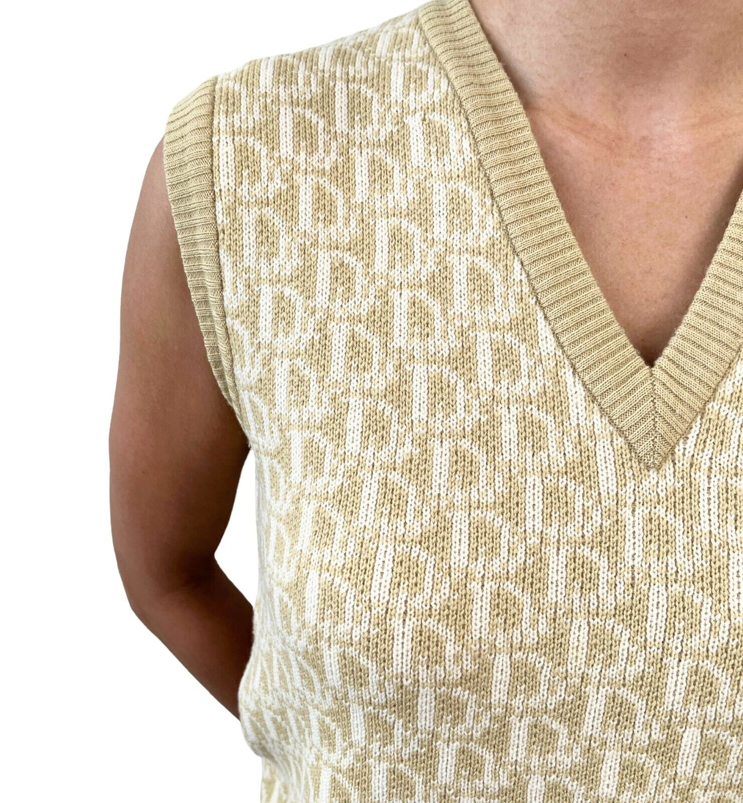 Christian Dior Vintage Logo Trotter Monogram Knit Vest #M Beige Wool Rank AB