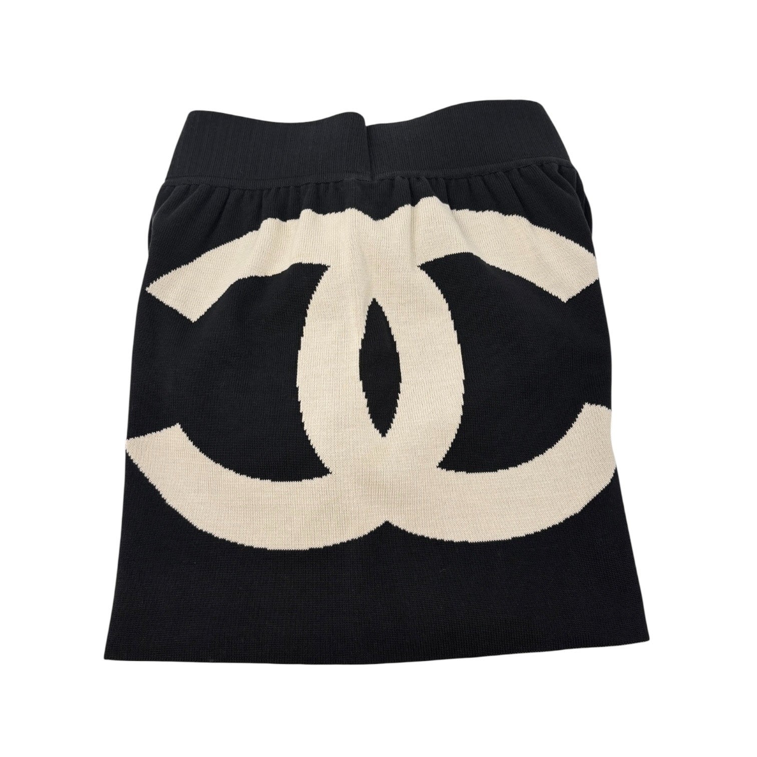 CHANEL Vintage 03A CC Logo Knit Short Pants #38 Pocket Black Cream Cotton