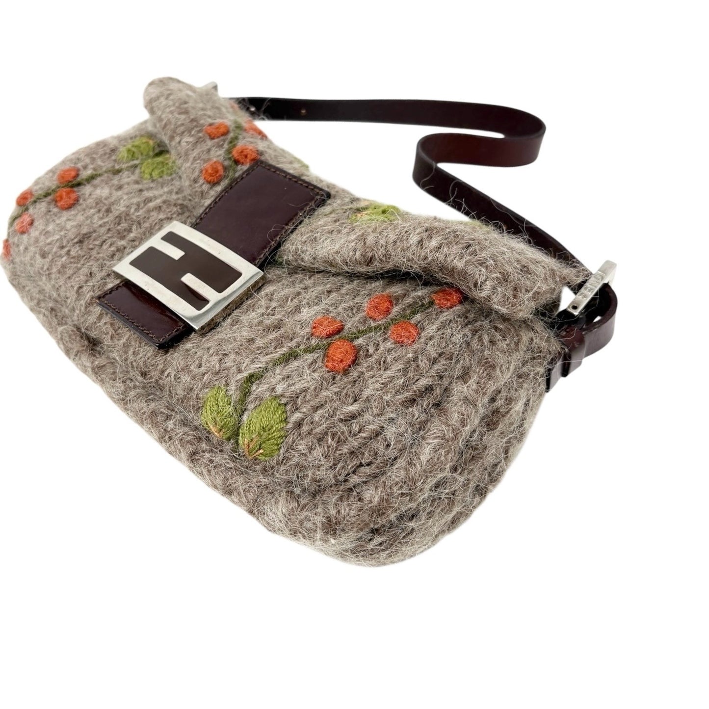 FENDI Vintage FF Mamma Baguette Wool Knit Shoulder Bag Gray Brown Flower