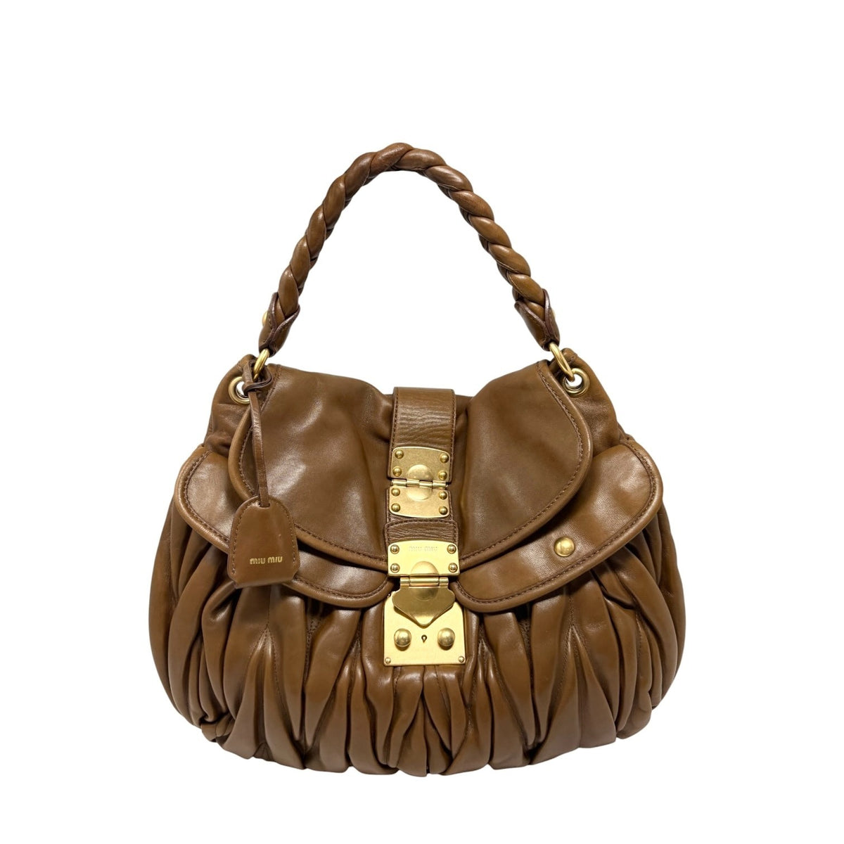 Miu Miu Vintage Logo 2way Shoulder Bag Handbag Brown Gold Leather 902346