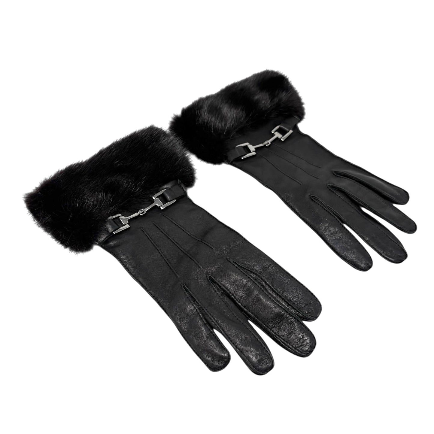GUCCI Vintage Horsebit Fur Trim Lambskin Leather Gloves #6.5 Black Silver