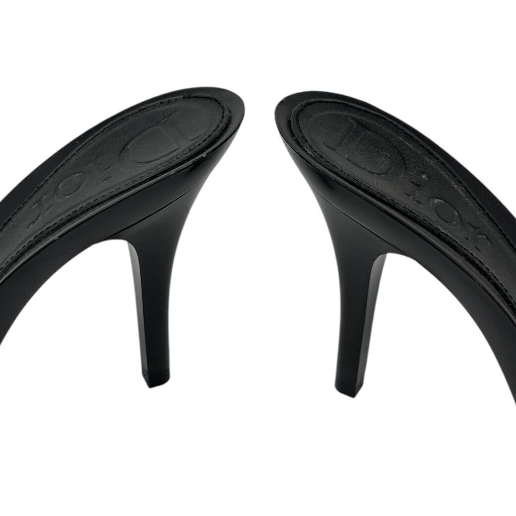 Christian Dior Vintage Logo Sandals Heels Mules #37.5-38 Black Silver Plastic