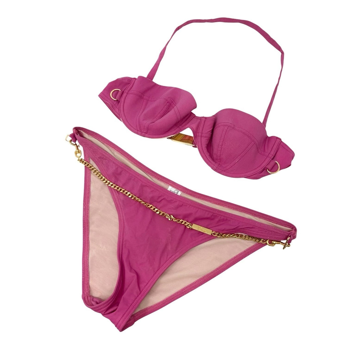 Christian Dior Vintage Logo Gold Chain Bikini Swimwear #36 Pink Nylon 901862
