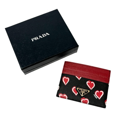 PRADA Vintage Triangle Logo Heart Wallet Card Holder Black Red Leather 902284