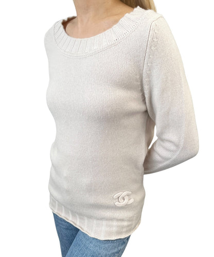 CHANEL Vintage P44576 CC Logo Cashmere Knit Sweater Top #34 Beige Ivory 901966