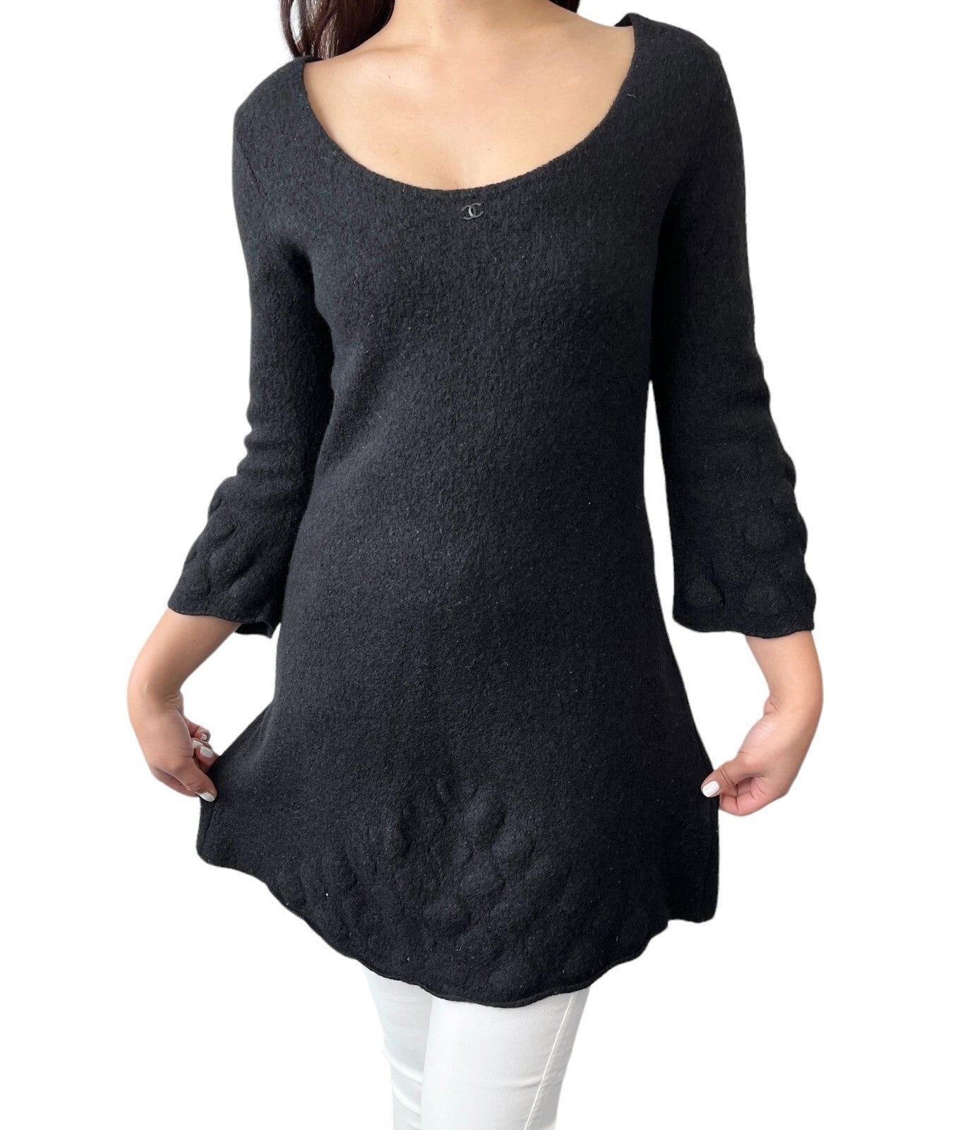 CHANEL Vintage 00A Coco Mark Logo Sweater #42 Tunic Top Black Wool Knit RankAB
