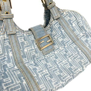 FENDI Vintage Zucca Monogram FF Logo Denim Shoulder Bag Light Blue Rank AB