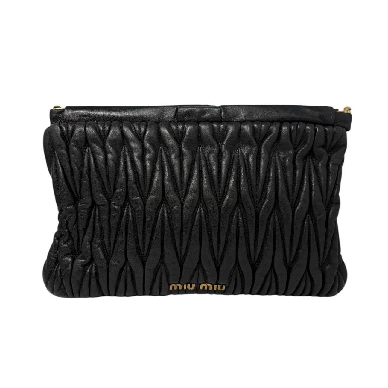 Miu Miu Vintage Logo Gather Clutch Bag Handbag Matelasse Gold Black Leather