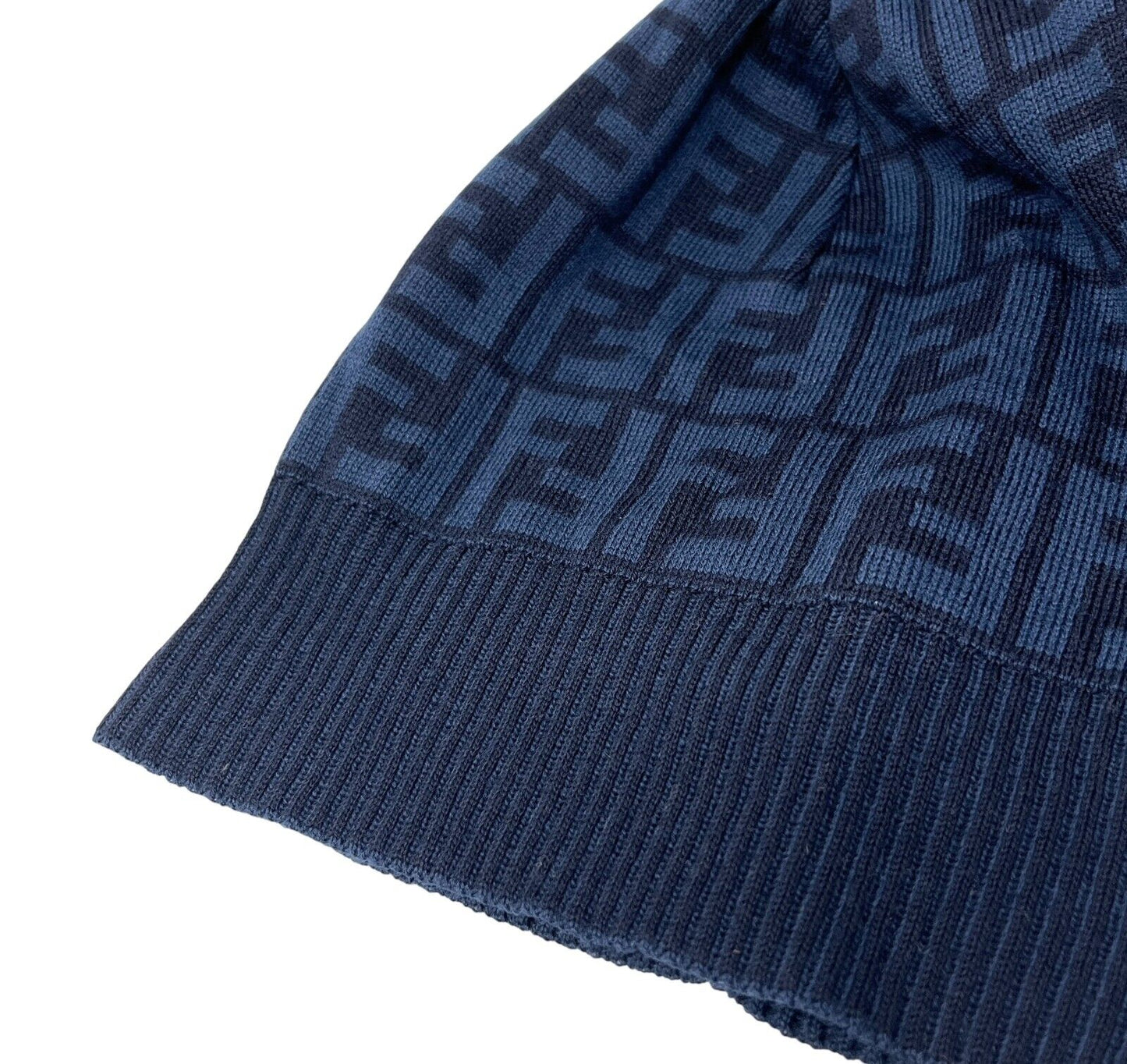 FENDI Vintage Zucca Monogram Logo Beanie Hat Knit Dark Blue Black Wool